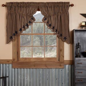 Farmhouse Navy Star Khaki Plaid Window Swag Valance Country Primitive Cottage